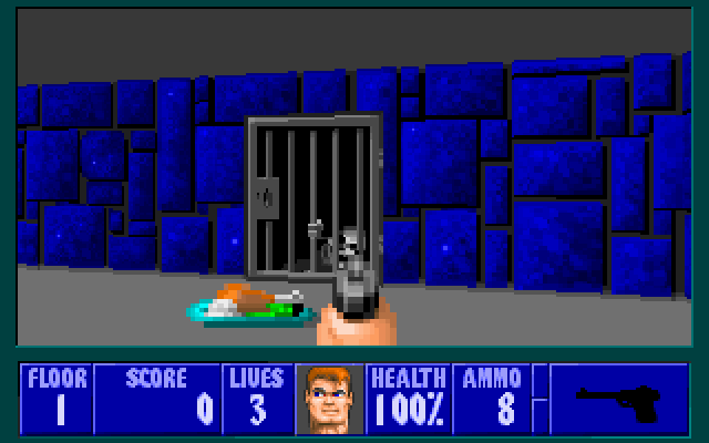 Video game scene with gun and prison cell.