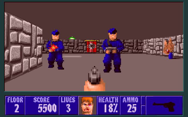 Video game scene with armed enemies and player.
