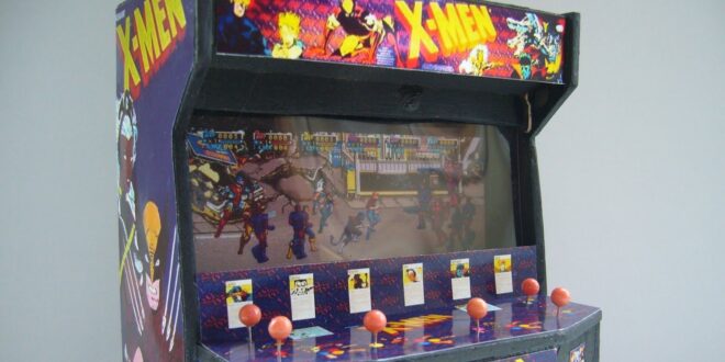 X-Men arcade game cabinet with colorful graphics