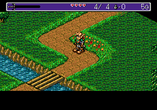 Character walking along a grass path by water.