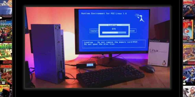 PlayStation 2 running Linux with computer setup.