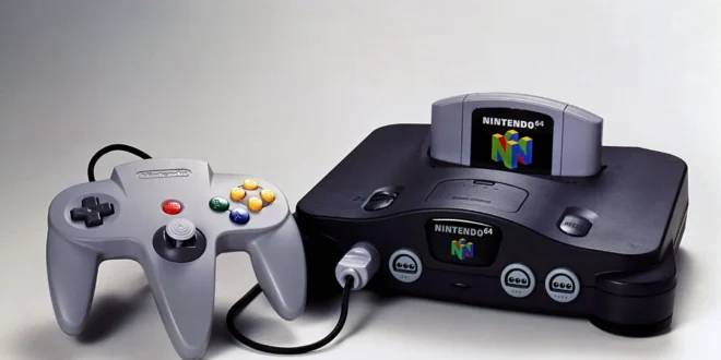 Nintendo 64 console with controller and game cartridge.
