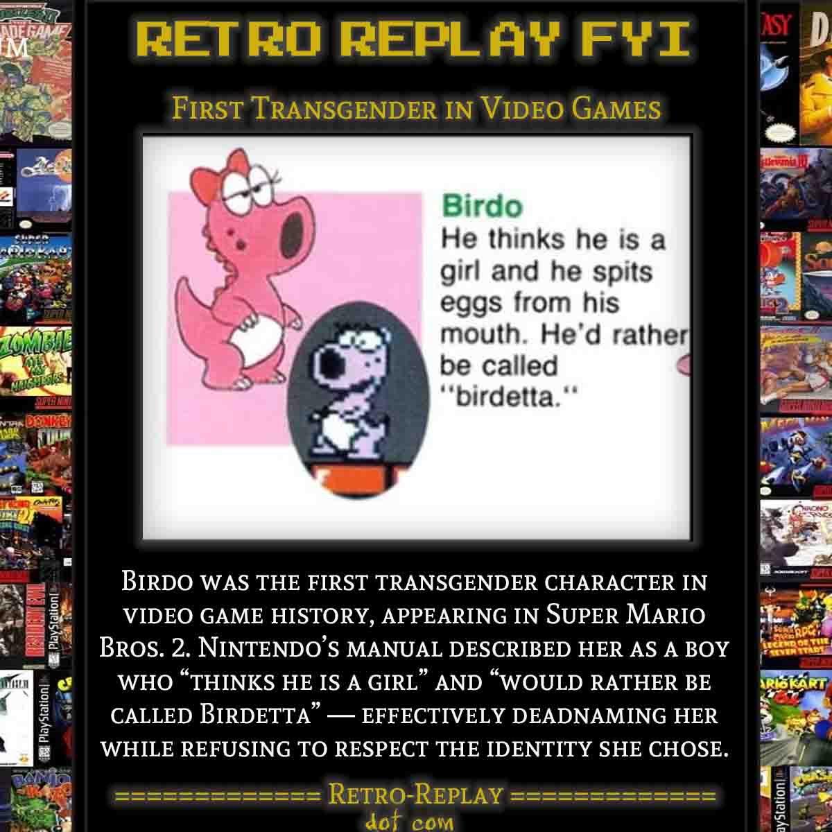 Birdos' legacy as a transgender video game character.
