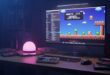 Retro gaming setup with colorful screen and controller.
