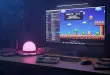 Retro gaming setup with colorful screen and controller.