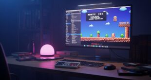 Retro gaming setup with colorful screen and controller.