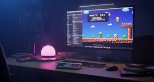 Retro gaming setup with colorful screen and controller.