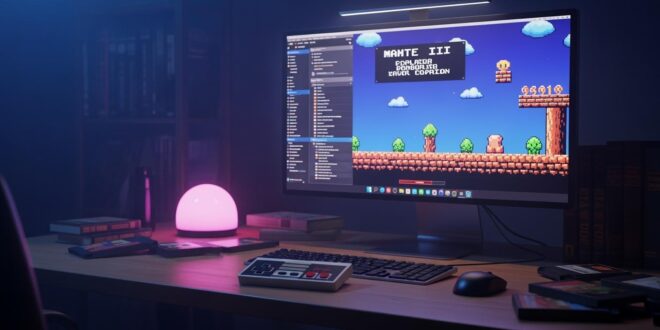 Retro gaming setup with colorful screen and controller.