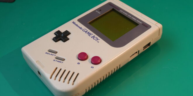 Close-up of a classic Nintendo Game Boy device.