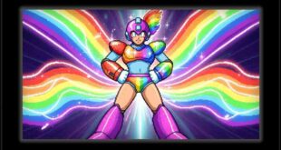 Mega Man with rainbow powers and colorful background
