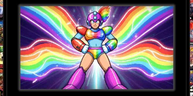Mega Man with rainbow powers and colorful background