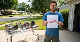 Man holding Nintendo letter outside with video games.