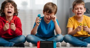 Three upset children playing video games indoors.