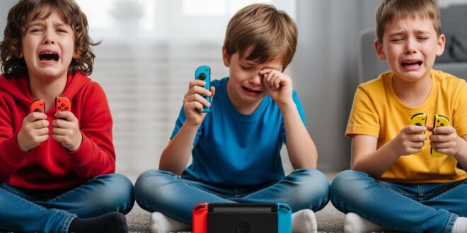 Three upset children playing video games indoors.