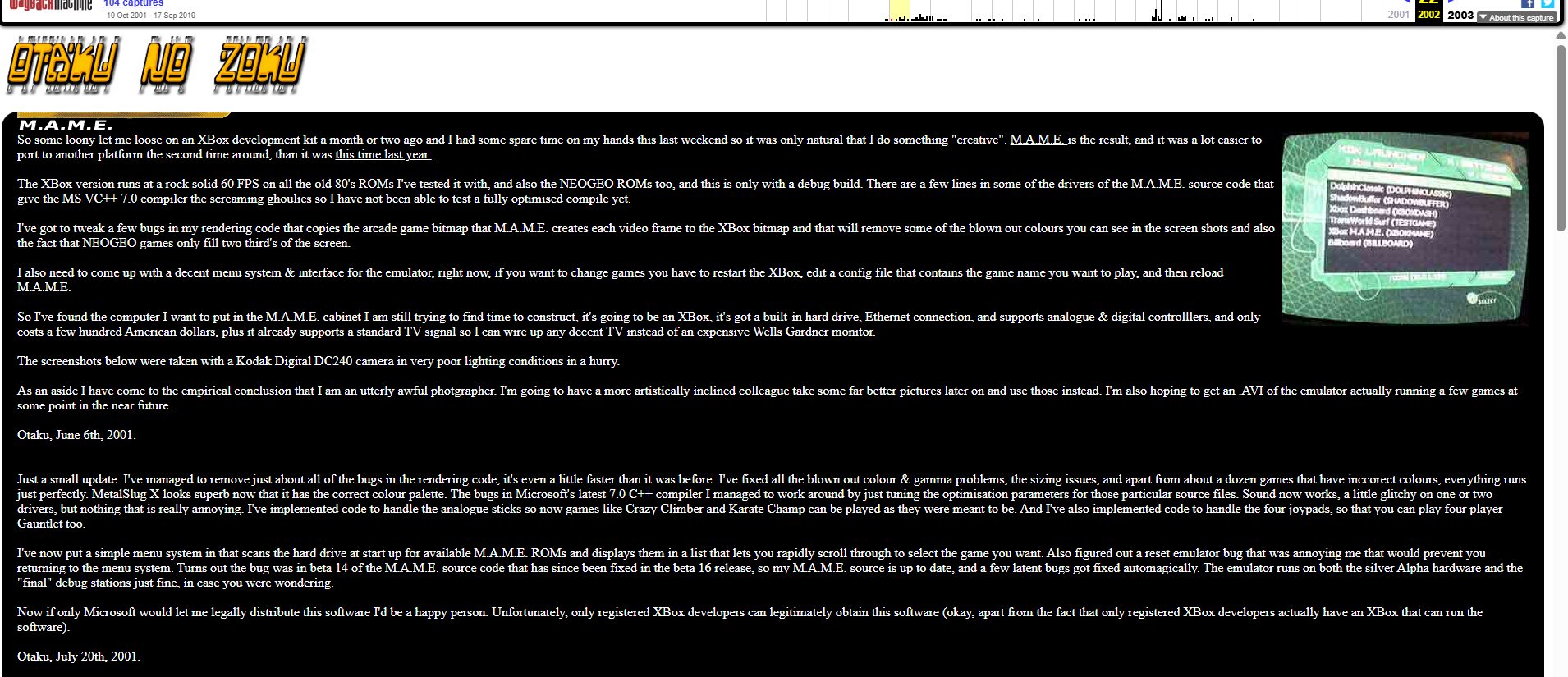 User update on M.A.M.E. emulator development progress.
