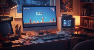 A widescreen editorial image depicting a retro video game emulator setup, featuring a glowing computer screen surrounded by NES, SNES, SEGA Genesis consoles, controllers, and arcade sticks, capturing the nostalgic atmosphere of classic gaming.