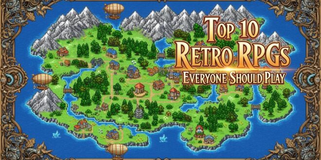 Cover image for Top 10 Retro RPGs Everyone Should Play featuring nostalgic fantasy artwork in retro SNES and PlayStation style