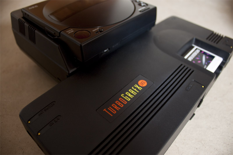 TurboGrafx-16 gaming console with CD attachment.
