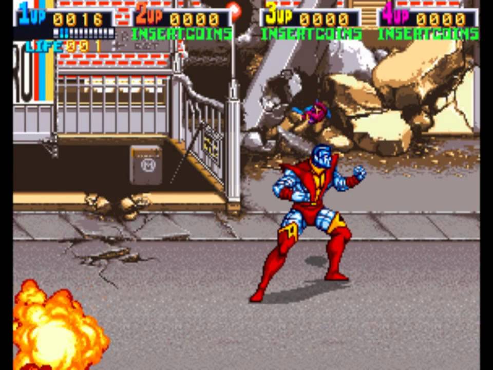 Action scene from retro arcade fighting game.