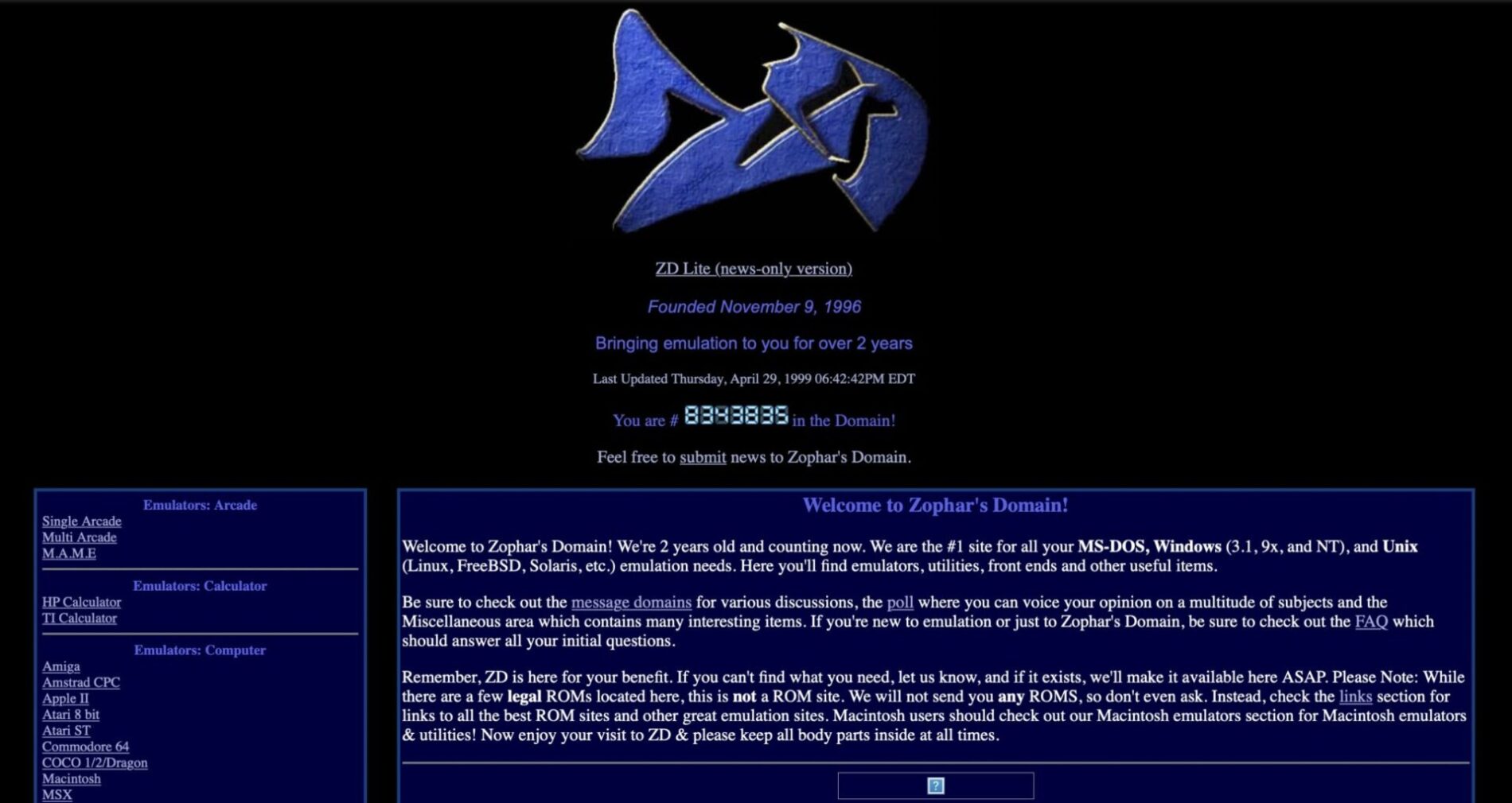 Zophar's Domain website introducing emulation resources.