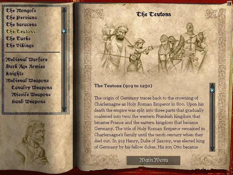 Age of Empires II history screen with an illustrated Teutons entry