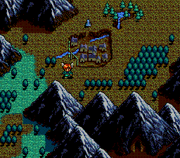Pixelated landscape with mountains, trees, and a village.