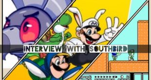 Collage of gaming characters and interview title.