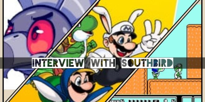 Collage of gaming characters and interview title.