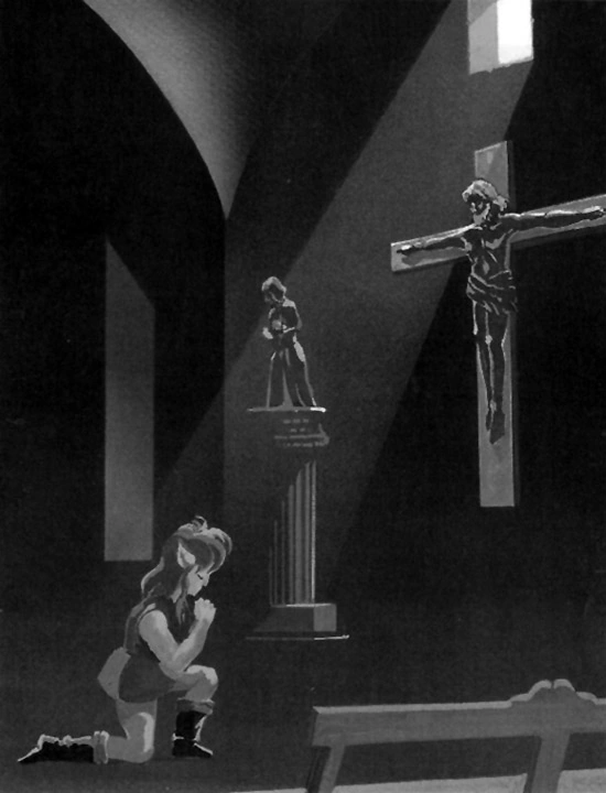 A Link to the Past artwork of Link praying to a crucifix in the Sanctuary