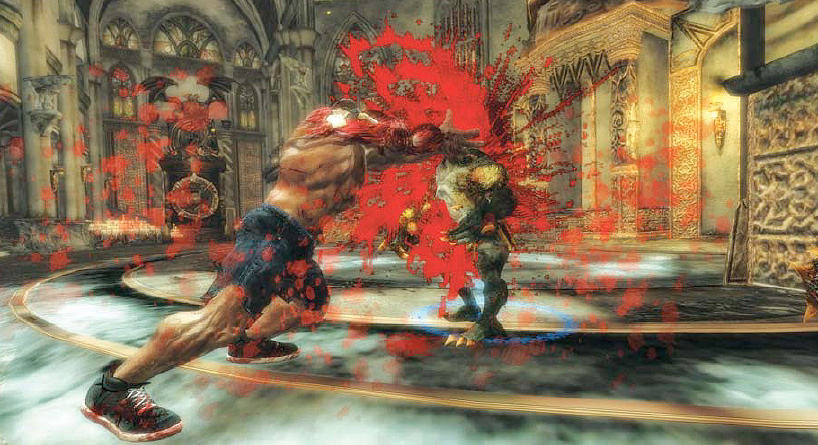 Intense combat scene with splattered effects.