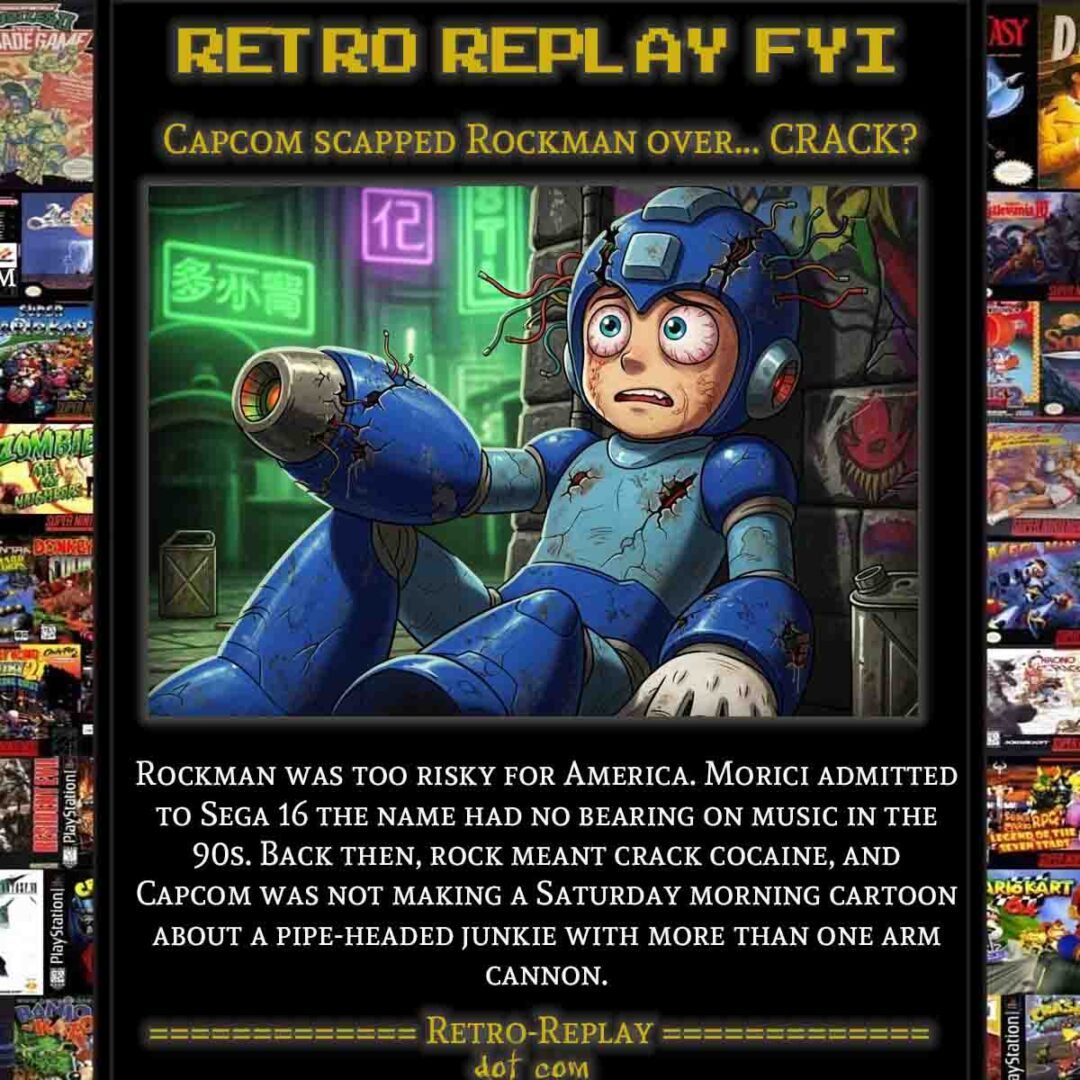 Illustration of Rockman with a nostalgic gaming theme.