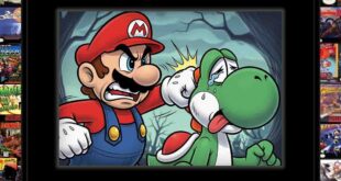 Mario interacting with a distressed Yoshi cartoon