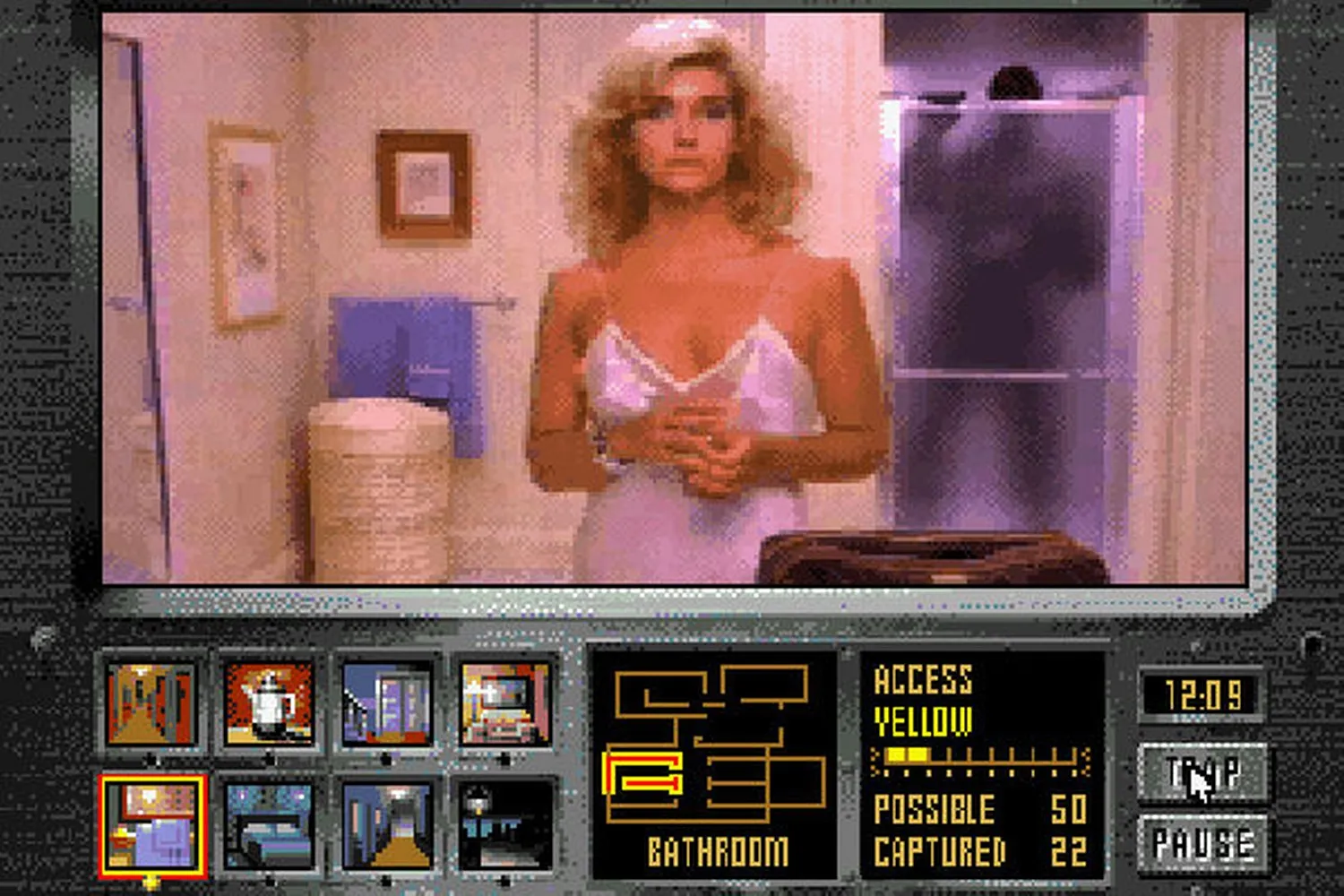 Woman in bathroom with digital game interface.