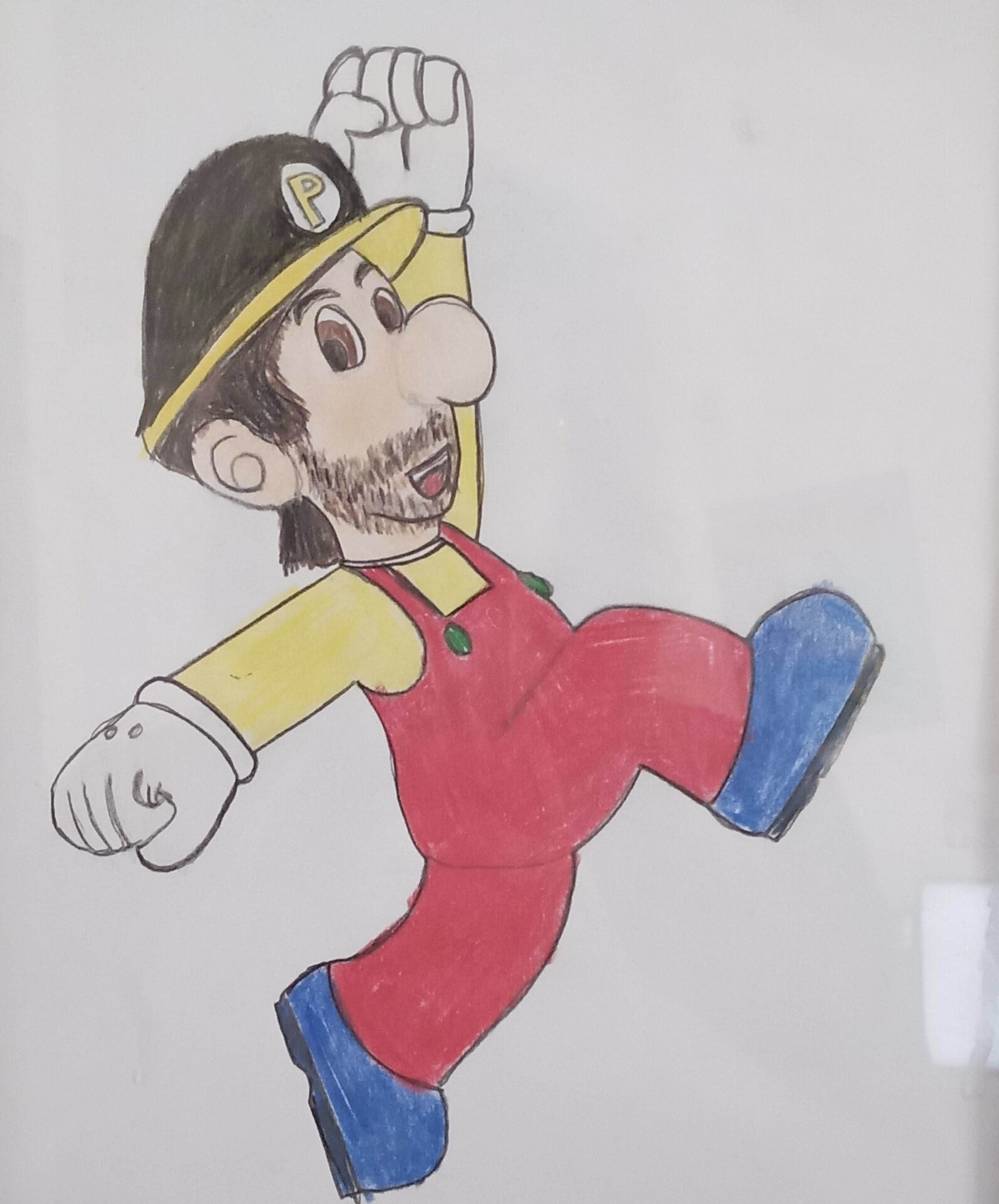 Colorful cartoon character in red overalls jumping