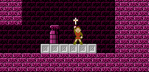 Character holding a sword in a retro game environment.