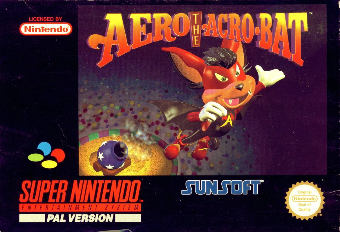 Super Nintendo box art for Aero the Acro-Bat showing Aero above a colorful circus