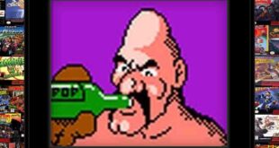 Angry character drinking from a green bottle.