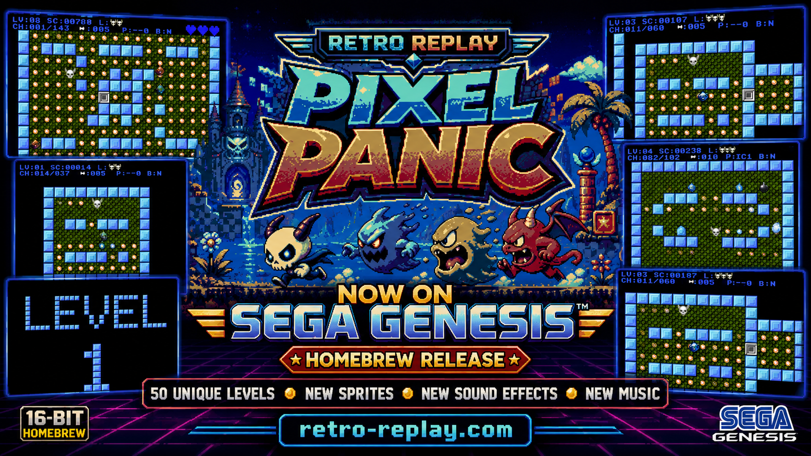 Pixel Panic game levels on Sega Genesis.