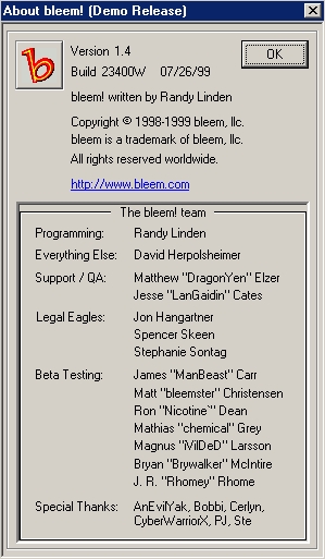 bleem version 1.4 About window and credits