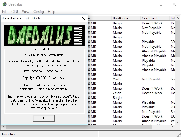 Daedalus version 0.07b About dialog bearing a 2001 copyright