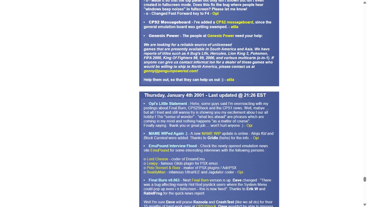 January 2001 Retrogames news reacting to CPS-2 emulation