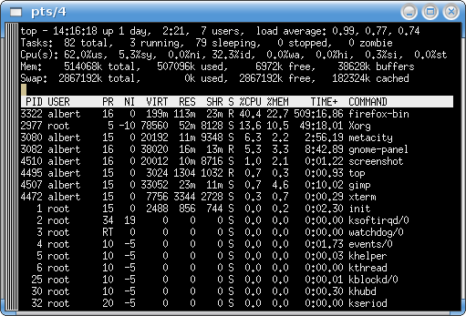 This is top from procps-3.2.7. I'm listing it as "Linux software screenshot", whatever that comes out as, though I claim no copyright and doubt that anyone else could either.