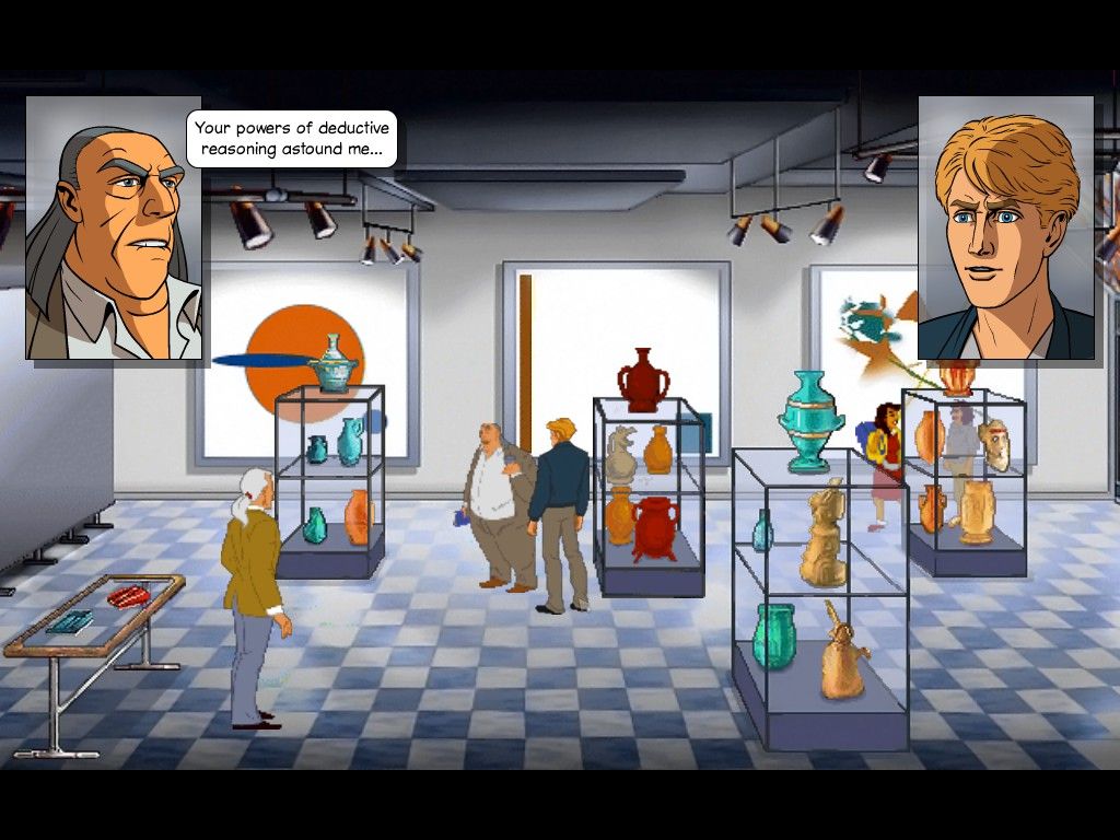 George talking to a man behind a counter in The Smoking Mirror Remastered