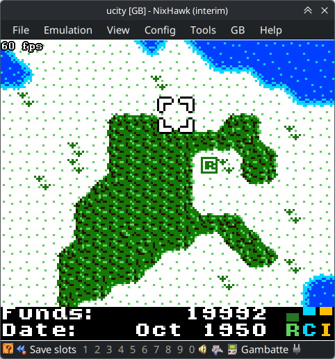 Screenshot of the EmuHawk emulator frontend taken on a Linux (NixOS) PC. The Game Boy Color homebrew game µCity is loaded, using the Gambatte emulation core.