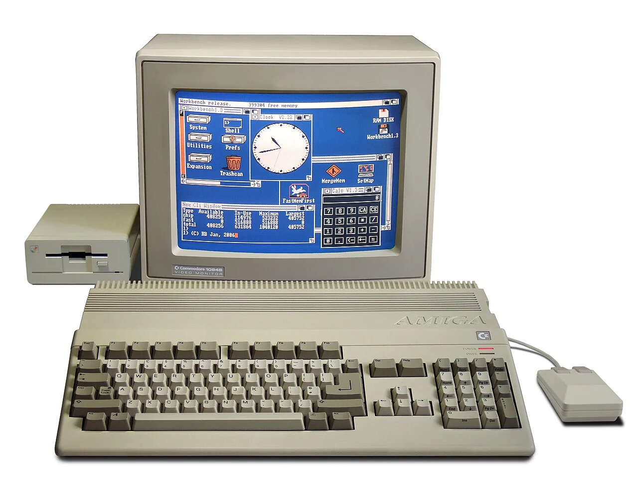 Commodore Amiga 500 computer system with monitor, mouse and disk drive