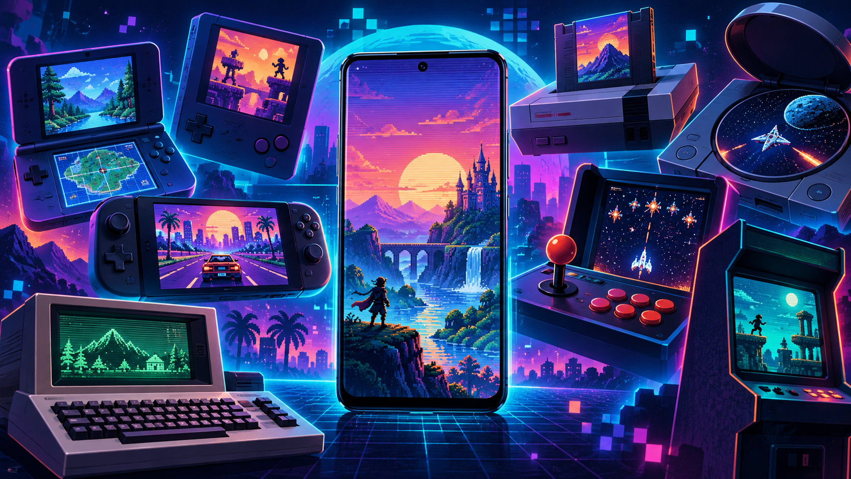 A smartphone surrounded by colorful retro consoles, handhelds, an arcade cabinet, and a classic computer