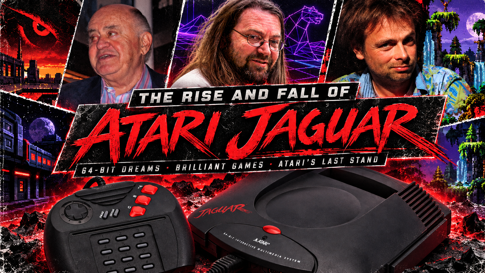 Atari Jaguar console and controller beneath a red Atari Jaguar title and photo portraits of Jack Tramiel, Jeff Minter, and Michel Ancel