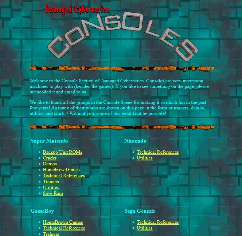 Archived Damaged Cybernetics consoles webpage with Super Nintendo, Nintendo, Game Boy and Sega Genesis sections