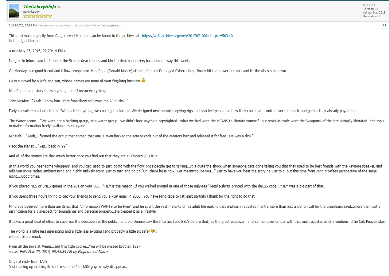 2016 memorial post announcing the death of Donald Moore, known online as MindRape