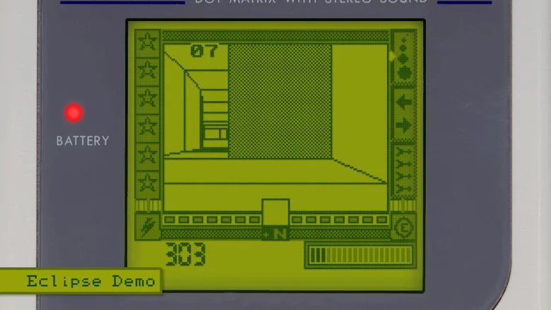 Recovered Eclipse Game Boy demo showing a first-person 3D wireframe room